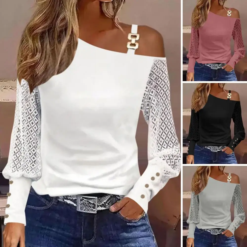 

Stretchy Women Top Shoulder Buckles Women Top Chic Jacquard Hollow Out Long Sleeve Blouses for Women Streetwear for Spring