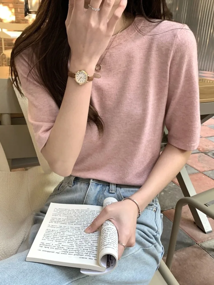 

Spring Round Neck Korean Fashion Short Sleeve Women's Knitted Sweater Loose Half Sleeve Summer Thin Pullover T-shirt A174
