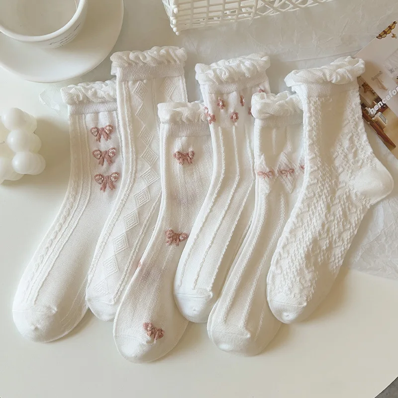 

Socks Women Middle Tube Summer Thin Stockings Lace Japanese Style Female Girls Gift Lolita White Stripes Cute Flowers Print Sock