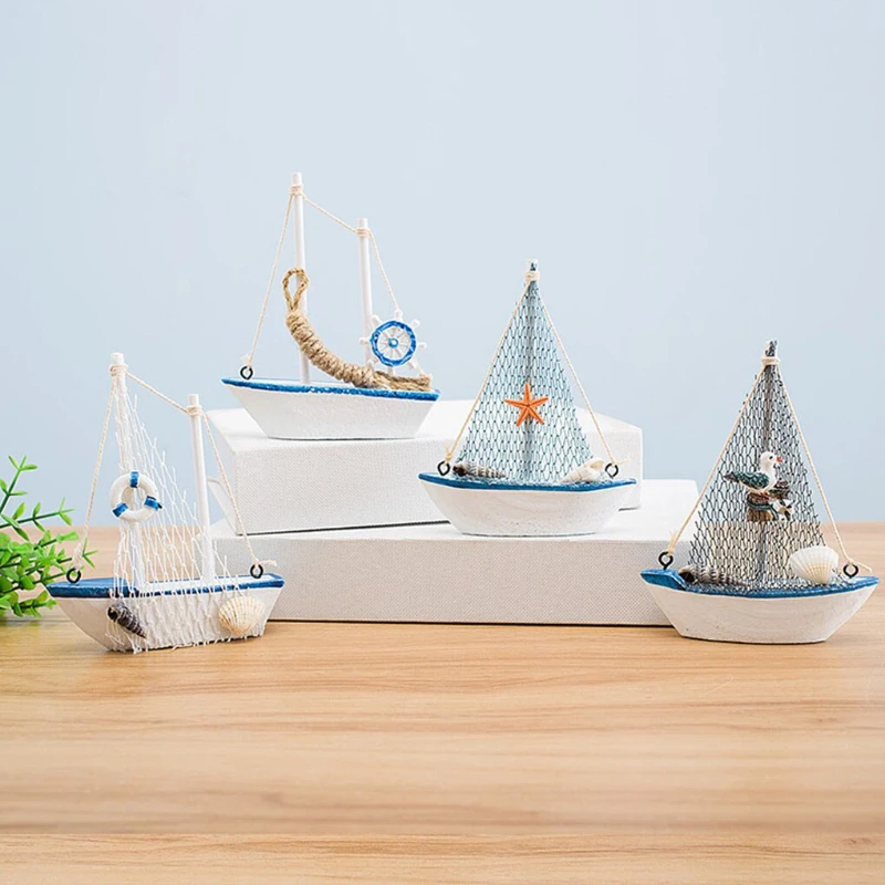 1 pz mini stile mediterraneo marino nautico in legno blu barca a vela nave artigianato in legno ornamenti sala festa decorazione della casa - immagine 4