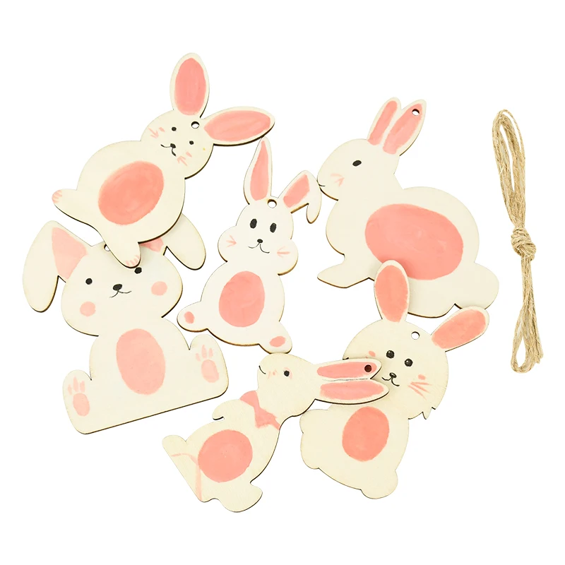 

6pcs Easter Rabbit Wooden Ornament Unfinished DIY Graffiti Drawing Wood Chips Kids Gift Favor 2024 Easter Hanging Decorations