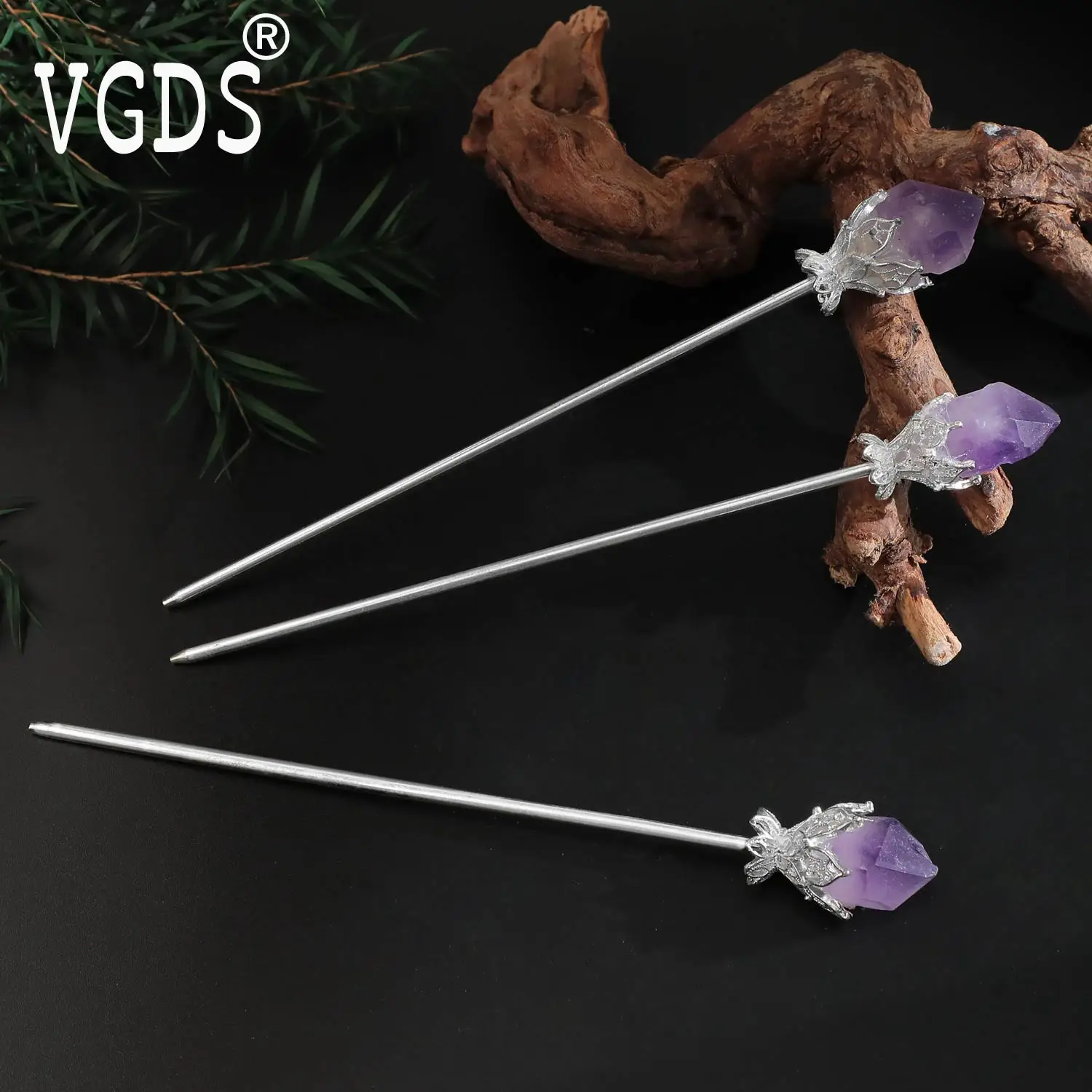 

VGDS Natural Crystal Iron Rough Raw Ore Amethyst Teeth Classical Chinese Style Golden Hairpin Silvery Elegant Jewelry For Women