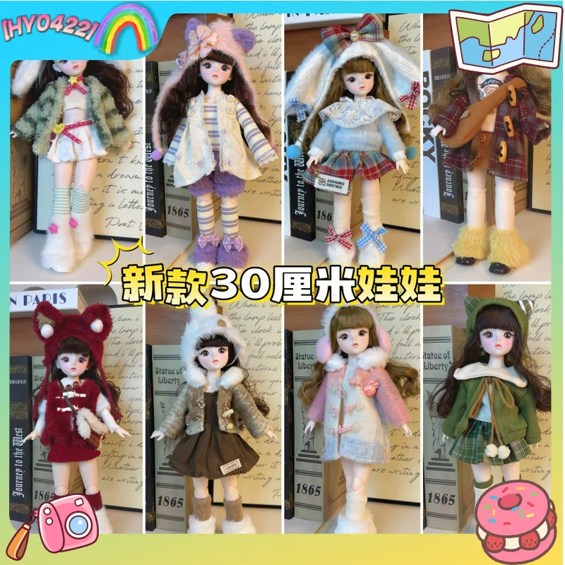 Cute 30cm 1/6 Bjd Doll Cute Jointed Doll With Plush Clothes Set Fur Hat Stripe Socks Princess Doll Girl Birthday Gift