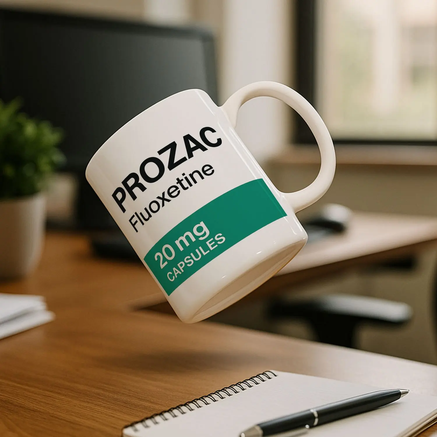 Caneca Prozac 20mg Fluoxetina com Rótulo Verde - Presente para Conscientização sobre Saúde Mental para Médicos, Enfermeiros e Estudantes - Decoração de Escritório_voghion.com