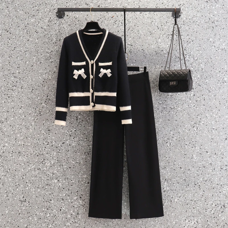 

2022 New Summer Casual Women knit 2 Two Pieces Sets Sexy Long Sleeve Button Coat & Full Pants Black V Neck Club Party Set Big