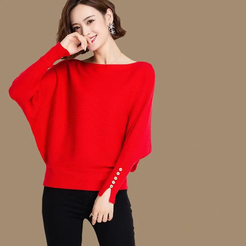 Slash Neck Strick Top T-Shirt Damen Langarm Herbst Winter neue