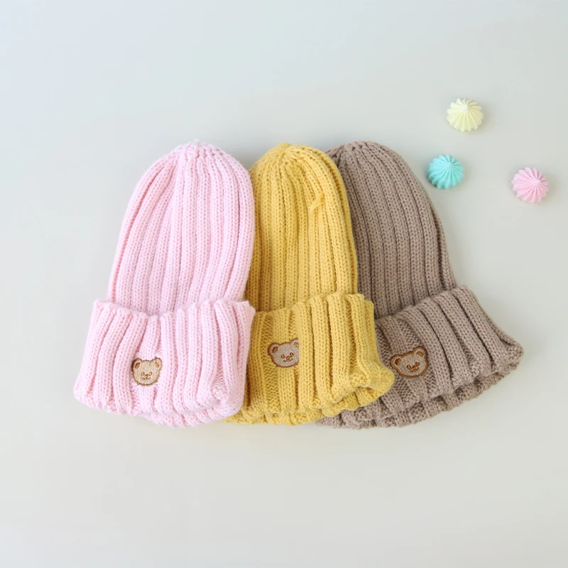 Autumn Winter Baby Hat Solid Color Knitted Warm Kids Toddler Bonnet Hat Cartoon Bear Crochet Baby Girl Boy Beanie Cap 3