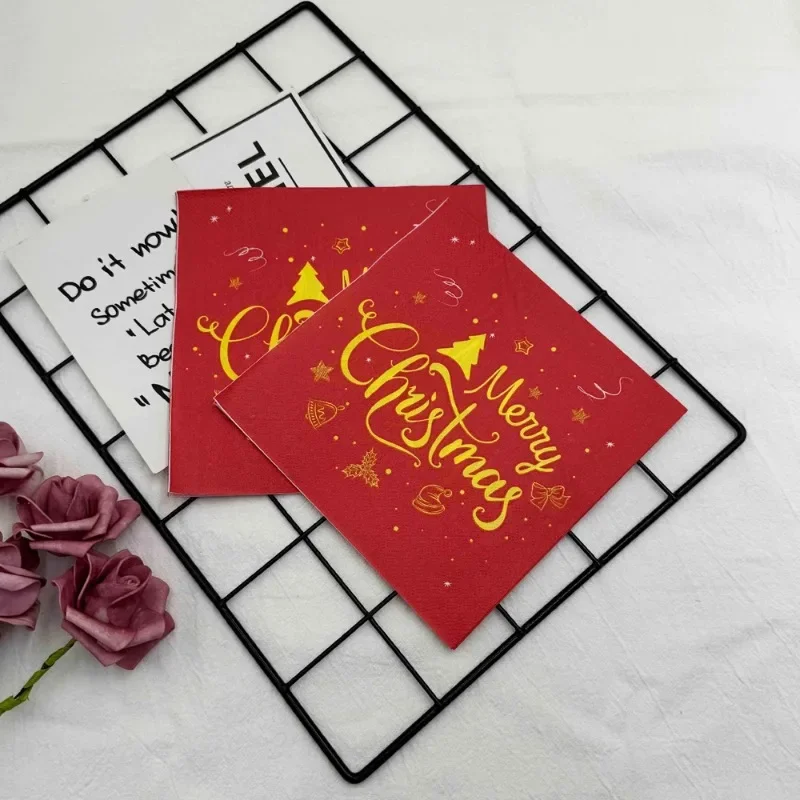 10/20pcs 33cm 2-Ply Gold Letter Red Christmas Napkin Disposable Paper Placemat Party Decoration Ambience Paper