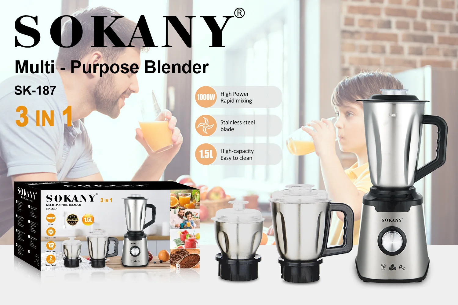 SOKANY 187 Juicer Household Multifunctional Three in One  Mixer Grinder 3