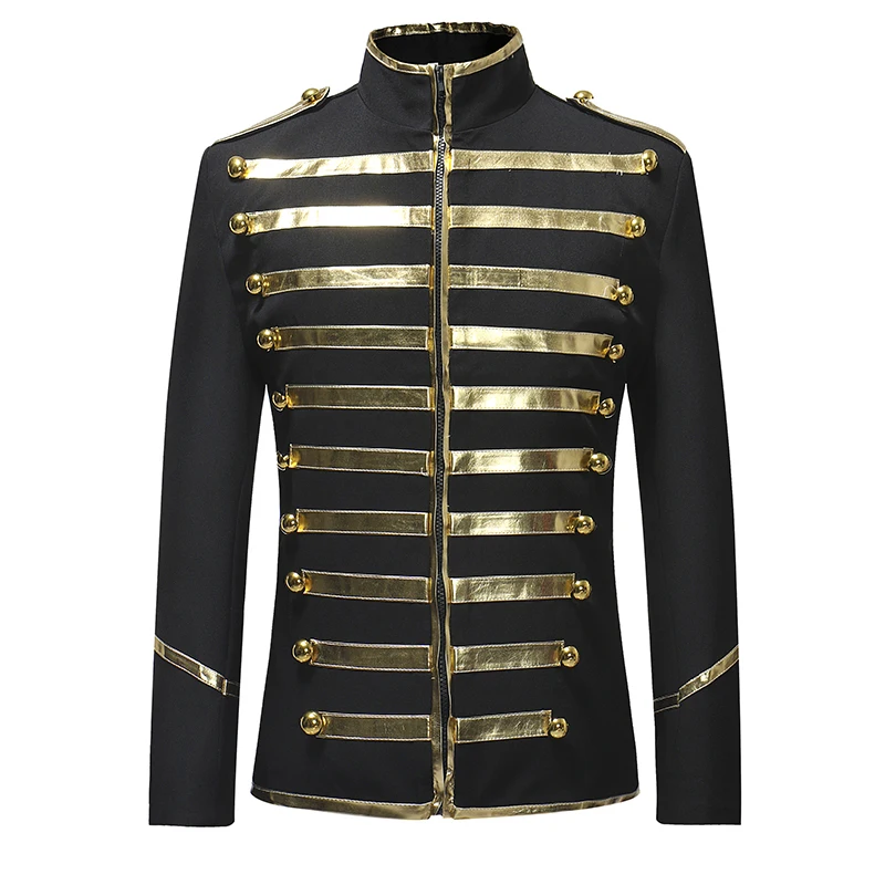 

Men's Gold Leather Strips Suit Blazers Zip Fly Drama Costume Party Coat Men Glossy Silver Stripe Coat Jackets Singer Stage Dress