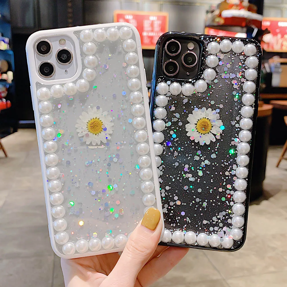 Fashionable 3D Pearl Chrysanthemum Sparkling Transparent Phone Case iPhone 12 X 11 Pro Max Transparent Cover