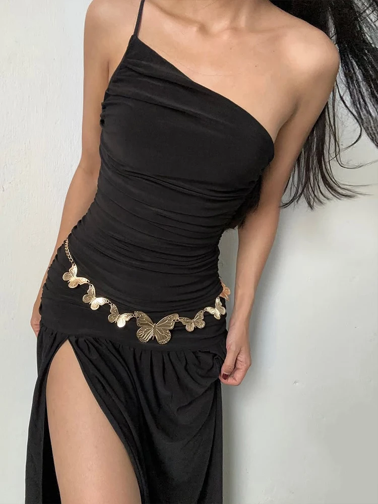 Nibber High Slits Temperament Dress Biased Collar Backless Folds Skinny Sleeveless Summer Vacation Beach Party Classic Vestidos