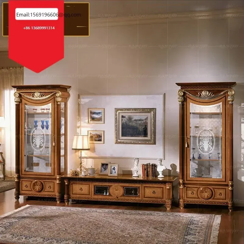 

European-style solid wood TV cabinet wine cabinet luxury carved living room floor villa glass decorative