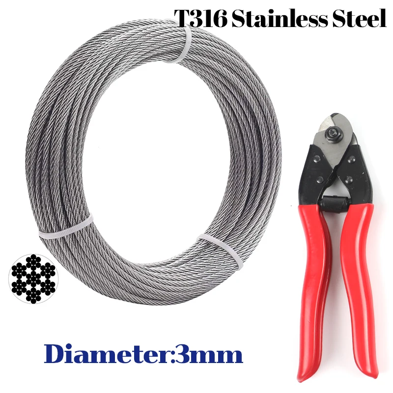 

30 Meter/100 Feet 3MM 1/8'' Diameter Rustproof Stainless Steel 316 Grade 7X7 Wire Rope Cable Clothesline with Cutter