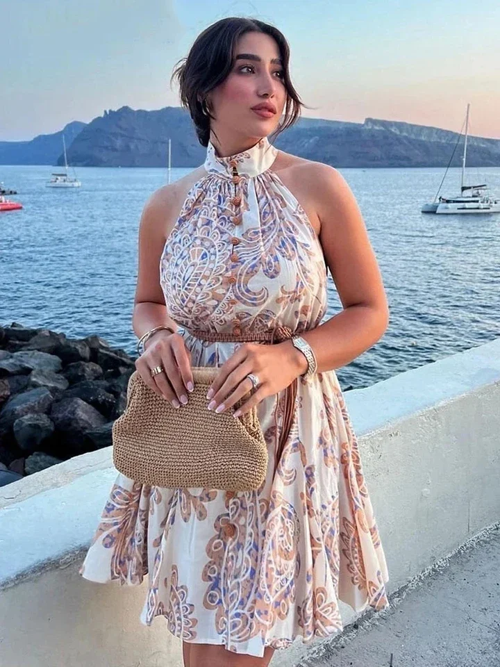 

Casual Boho Floral Print Loose Dresses Summer Fashion Party Mini Vestidos Lady Vintage O-neck Sleeveless Dress for Women
