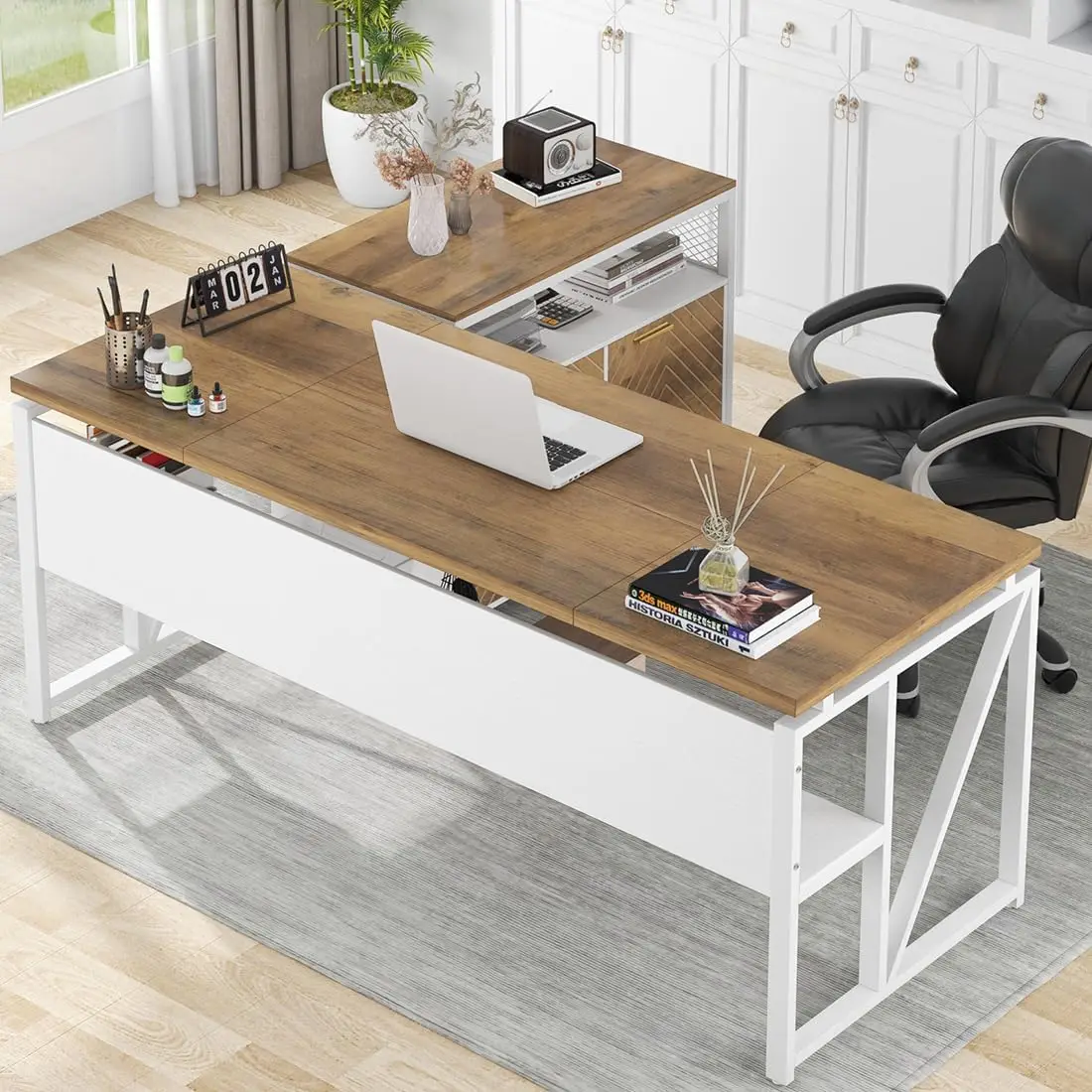 L Shaped Desk with Drawer Cabinet, 63" Executive Computer Desk and lateral File Cabinet, 2 Piece Home Office Furniture