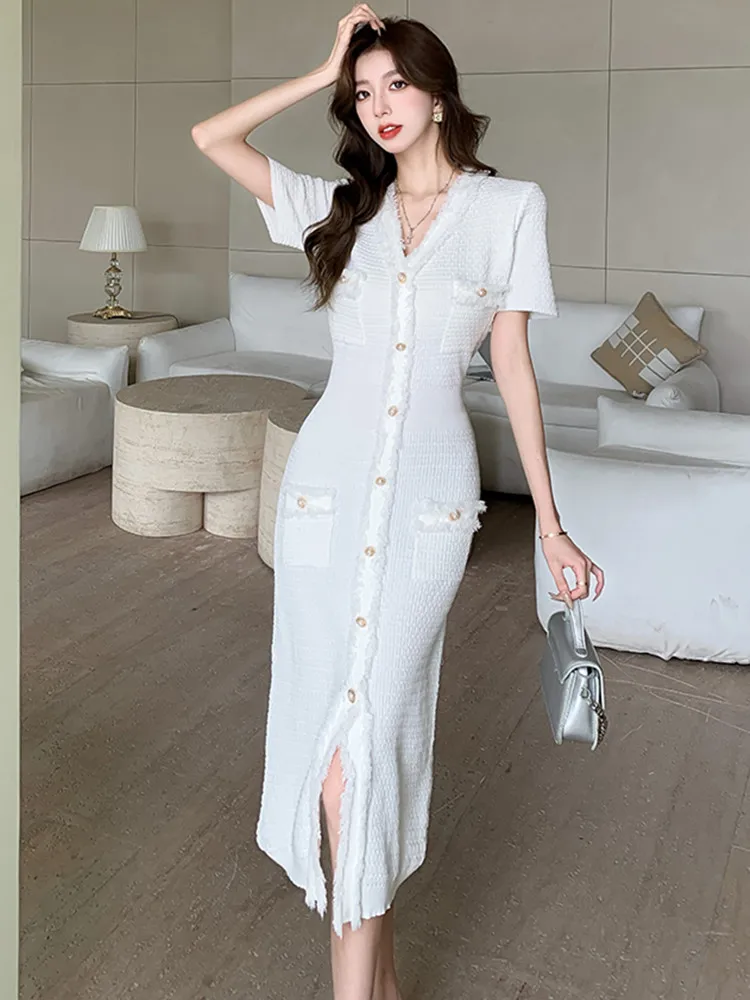 Summer Vintage Long Dresses Women Knitted Elegant Evening