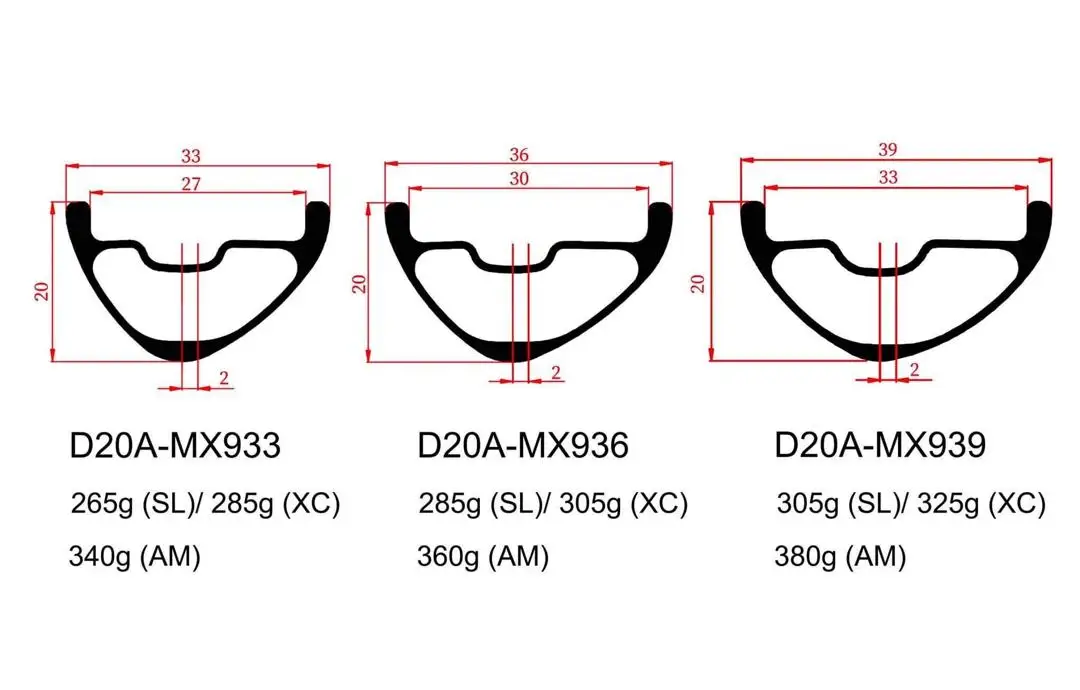 [D20AMX933] 265g Lightest 29ER MTB rims 20mm deep 27mm/30mm/33mm inner wide Disc Brake UD Matte