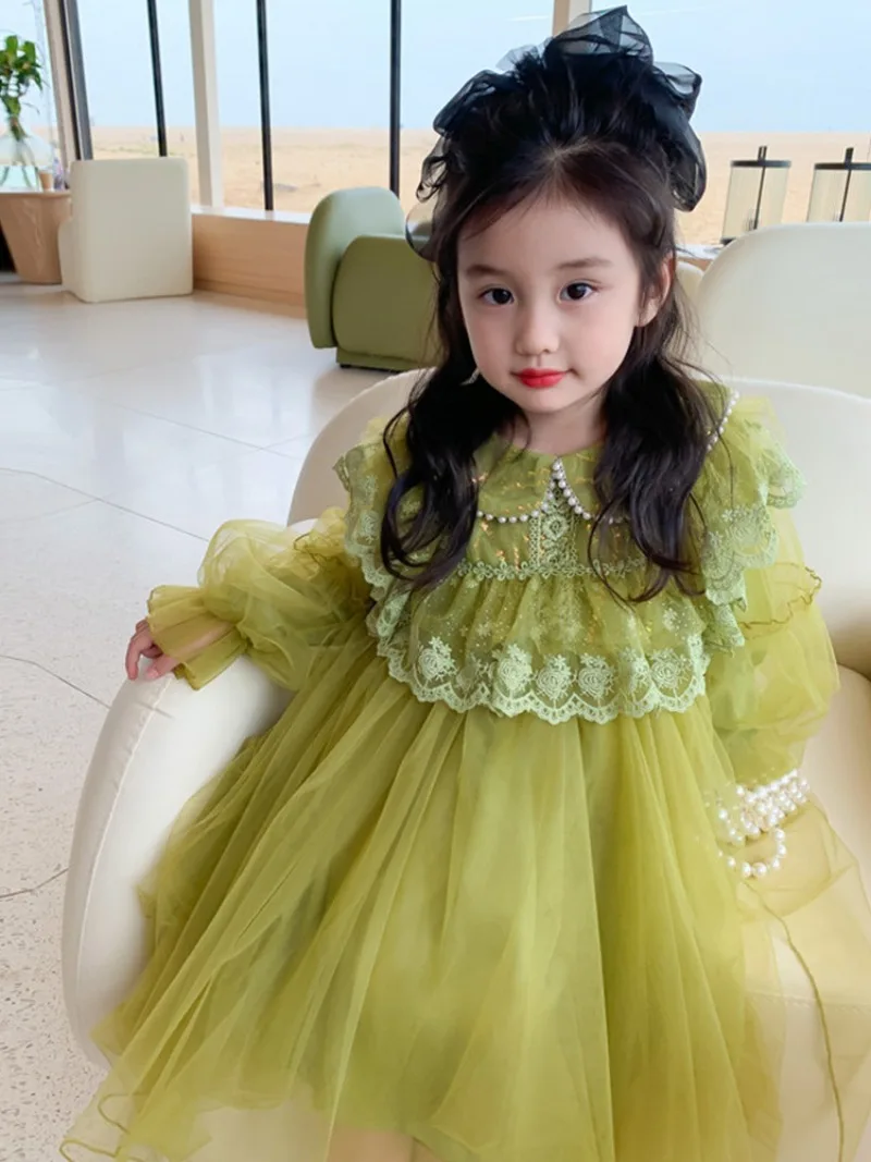

New Girls One Piece Spring Autumn Long Dress Lace Turn-down Collar Fashion All-match Soft Loose Sweet Lovely Outdoor Party