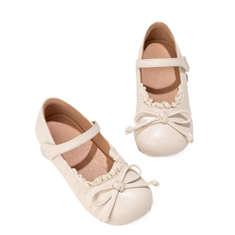 Autumn New Children Elegant Lace Leather Shoes for Girl Princess French Style Sweet Bowtie Fashion Retro Soft Anti-slippery