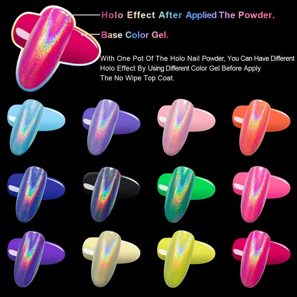 1Box Holographic Laser Chrome Nail Glitter Powder Rainbow Unicorn Mirror Effect Pigment Nail Rubbing Dust with Sponge Applicator