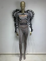 High Street Zebra Stripes Tight Jumpsuit Nightclub Performance Dance Singer Costume Sexy Long Sleeve Two Pieces Women's Outfit - Image 2