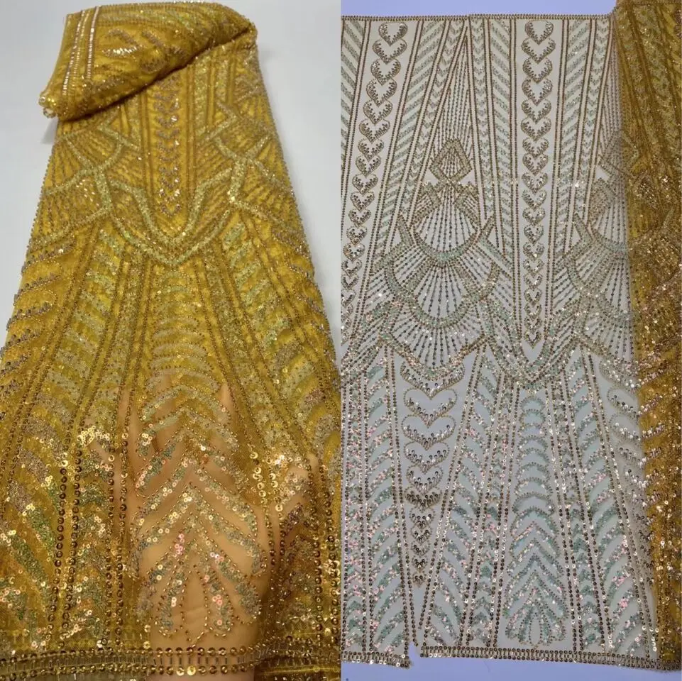 

African Net Lace with Sequins and beads ZH-1209682 Fabrics for Wedding Sequins Lace Fabric for African Lace