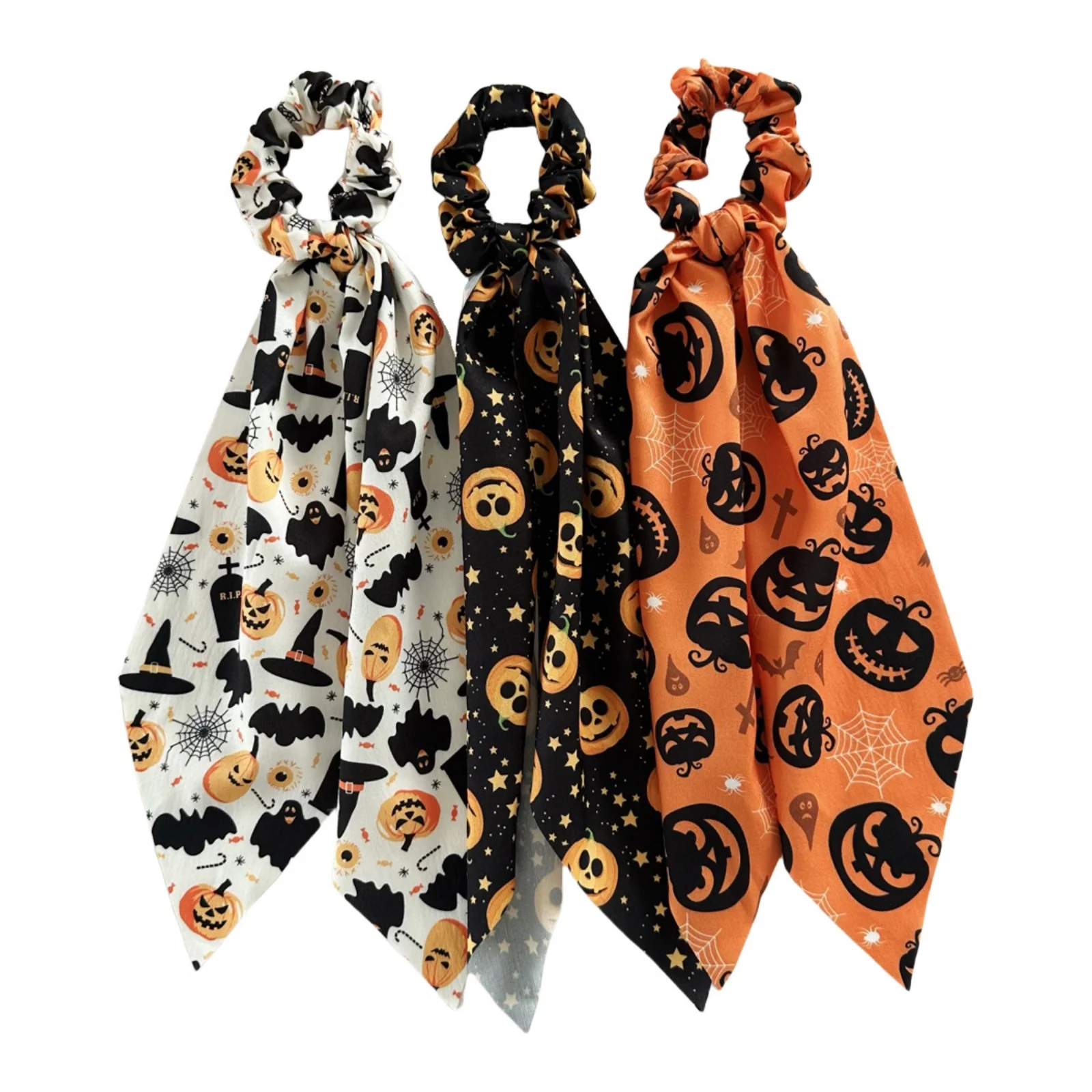 1PC Halloween Scrunchies Set, 3-Piece Pumpkin Ghost Bat Printed Hair Ties With Long Scarf, Cute Hair Accessories For Women Girls