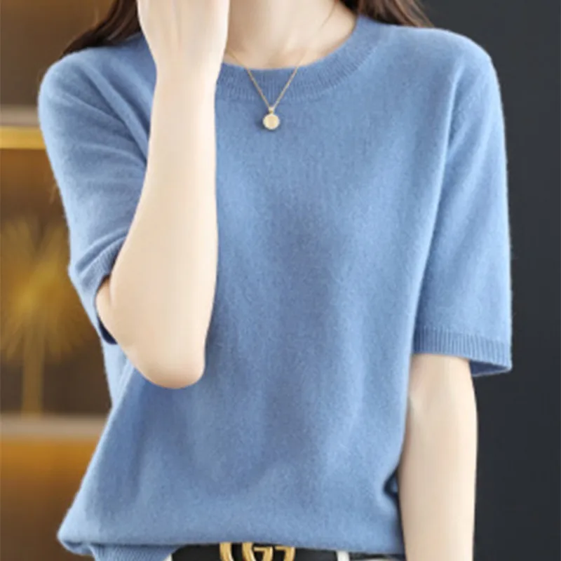 ตัวเลือกสินค้า ฤดูใบไม้ผลิและฤดูร้อนใหม่แขนสั้นผู้หญิง O-คอ Slim Wool Cotton Blend เสื้อกั๊กเสื้อยืดถักเสื้อกันหนาว