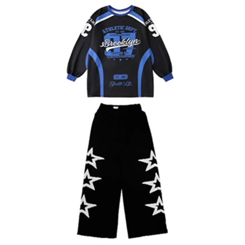 Girls K-pop Loose Contrast Sweatshirt Street Dance Pants Boys Hip Hop Jeans Clothes Sets Kids Jazz Costume Child Cool Streetwear
