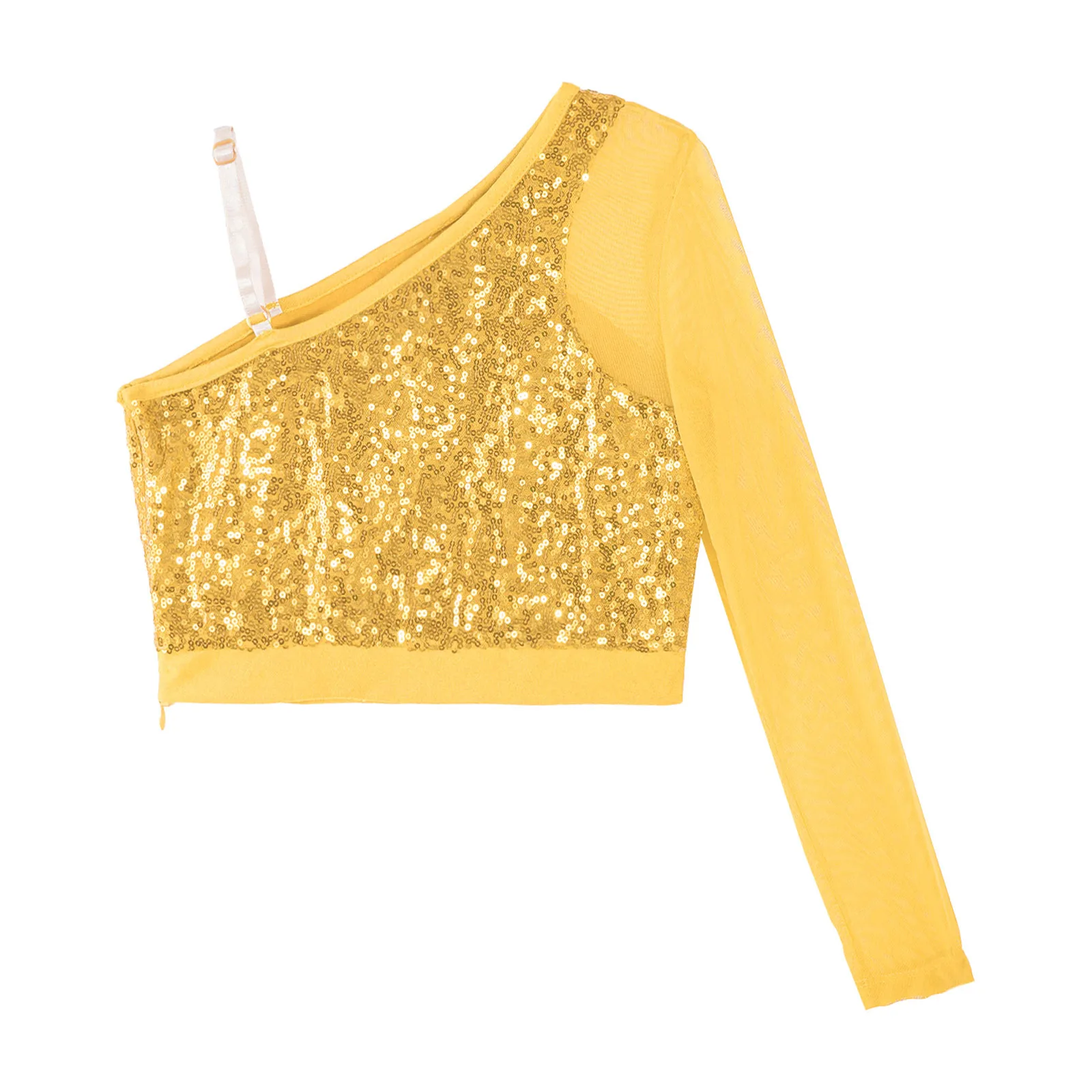 Kids Girls Glitter Sequins Dance Tops Sheer Mesh Long Sleeve One Shoulder Crop Top for Latin Jazz Dancing Performance Costumes