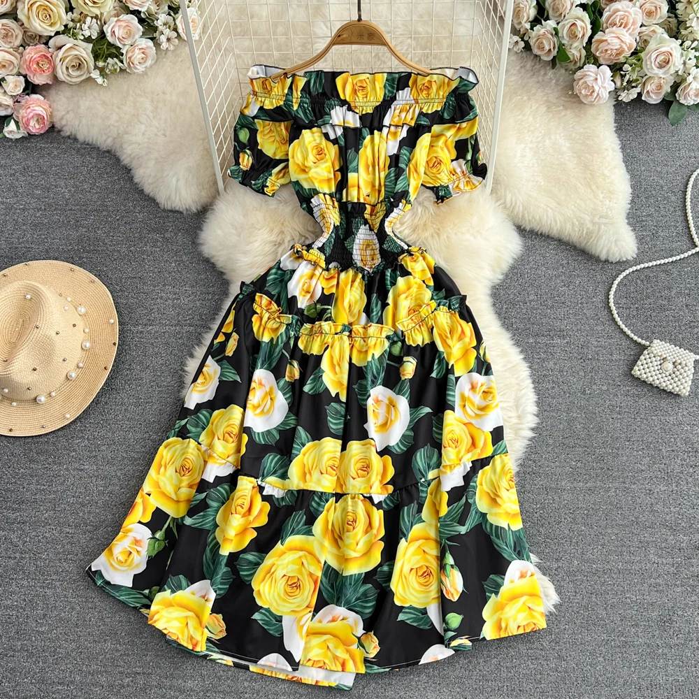 

Beach Vacation One Line Neck Off Shoulder Elastic Waist Print A-Line Ruffle Edge Dress Large Swing Long Dress