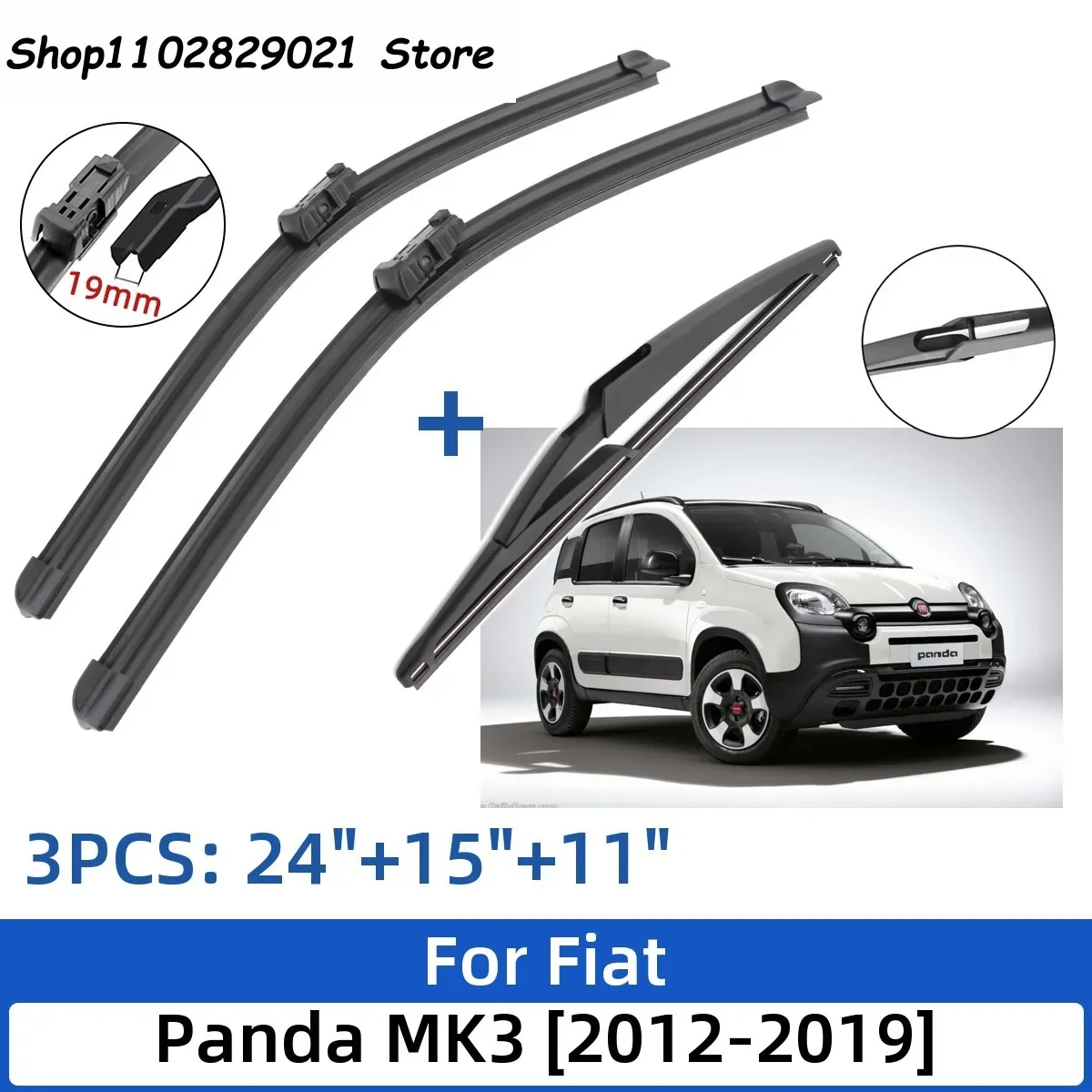 

For Fiat Panda MK3 2012-2019 24"+15"+11" Front Rear Wiper Blades Windshield Windscreen Window Cutter Accessories 2017 2018 2019