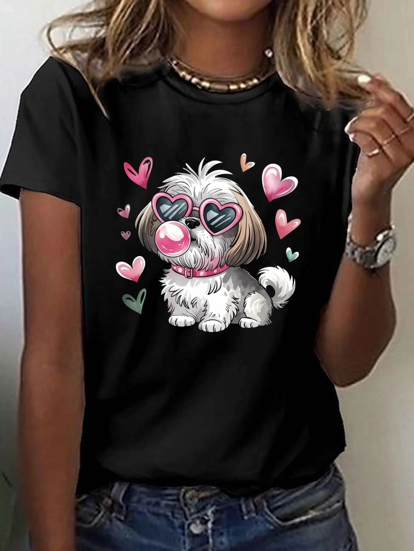 New Women's Shih Tzu with Heart Fashion Glasses Print T-Shirt Sleeve Crew Neck Casual Summer Sleeved Harajuku Streetwear Top Tee 1