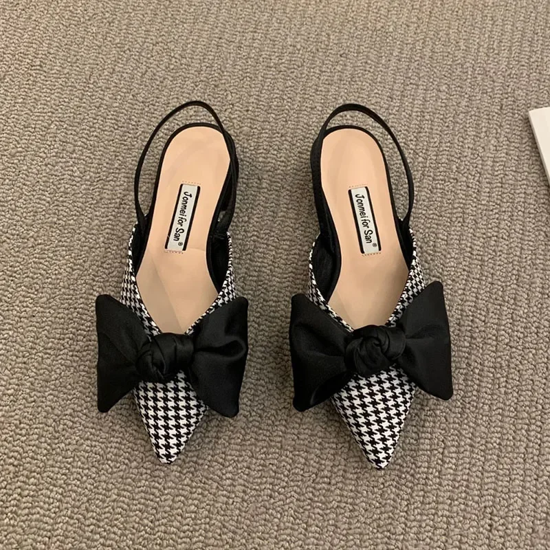Women's Pumps Fashion Pointed Toe Bowknot Slingbacks Pumps Plaid Polka Dots Heels Slip-on Small Heel Sandals Casual Thin Shoes 4