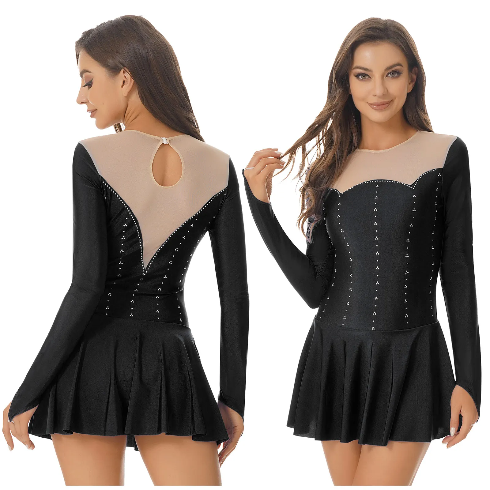 S-XL Womens Sheer Mesh Patchwork Glitter Rhinestone Dance Dress Figure Skating Costume Round Neck Long Sleeve Dresses