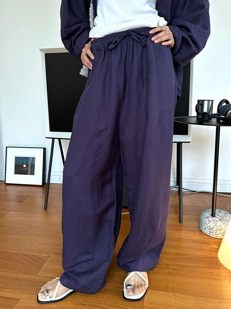 [LANMREM] Drawstring Design Linen Sunscreen Women's Pants High Wait Wide Leg Trousers Korean Clothing 2024 Summer New 26D9200