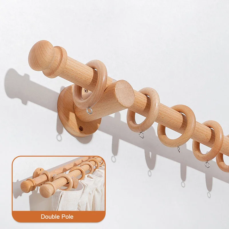 Beech Solid Wood Curtain Rods Roman Poles Single Double Rod Japanese Wooden Track Brackets Holder Rings Accessories Customized