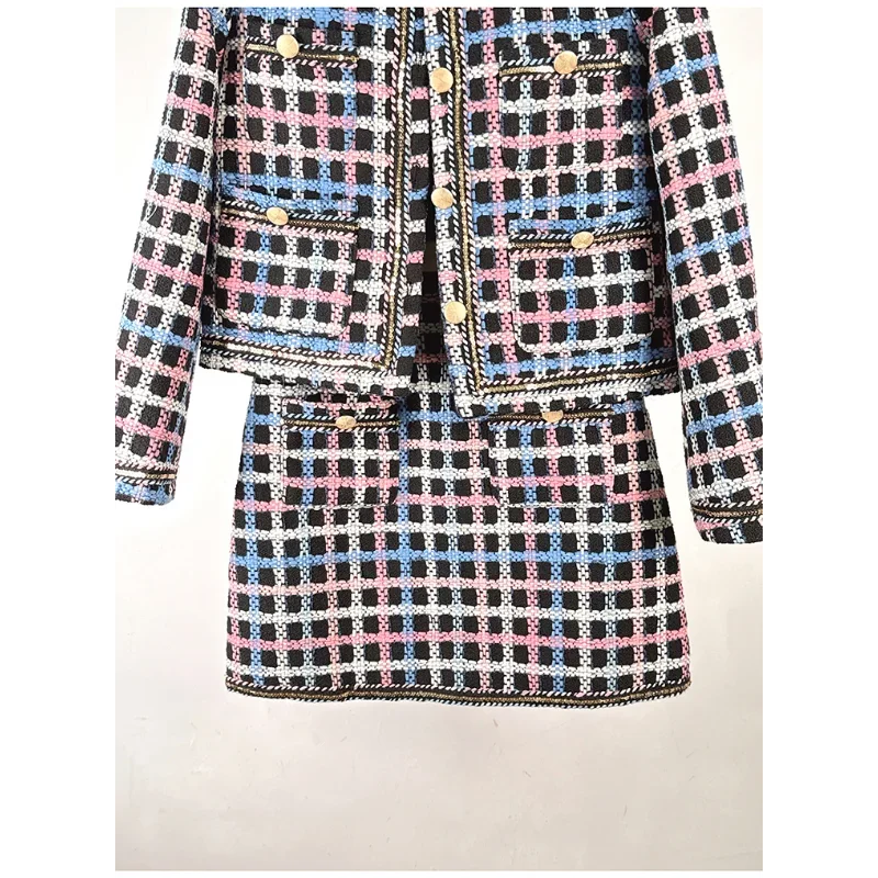 Women French Vintage Plaid Long-sleeved Coat + Mini Skirt Tweed Suit Casual Chic High Quality Small Fragrance Two-piece lady Set