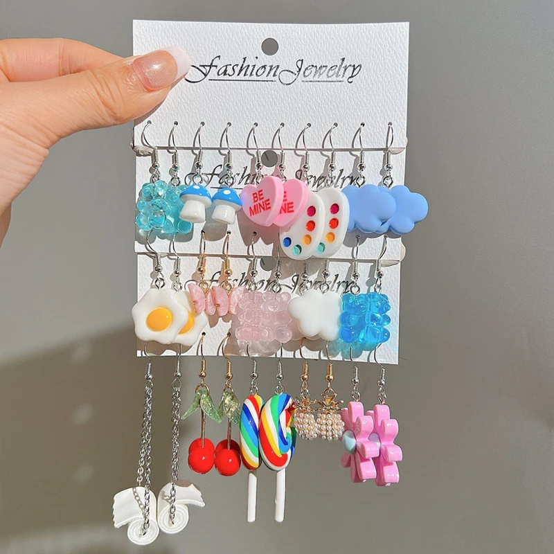 Cute Cartoon Animal Fruit Earring Set For Women Girl Simulated Resin Acrylic Food Drink Icecream DIY Dangle Earring Jewelry