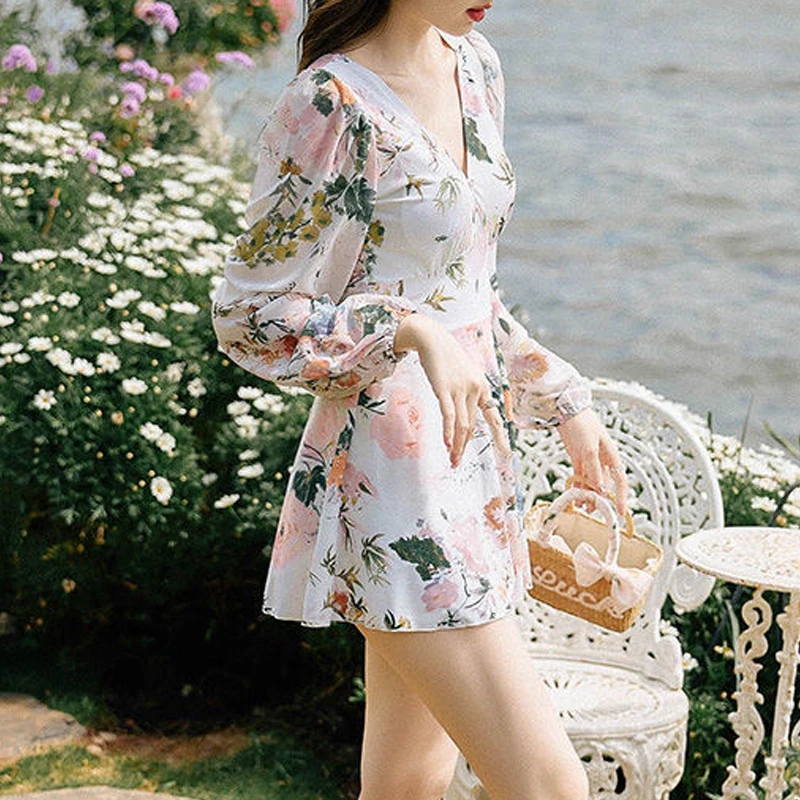 Women Floral Printed High Waist Elegant Fashion One Piece Dress Swimsuit V Neck Long Sleeve Beach Holiday Swimwear Bathing Suits