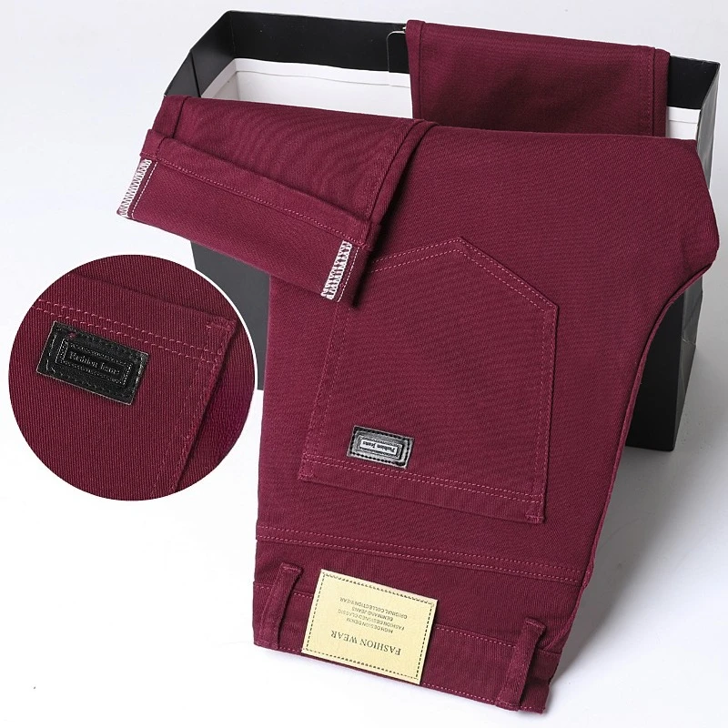 Wine Red Jeans Men Fashion Casual Classic Style Business Straight Slim Fit Trousers Male Advanced Pants 6 Colors Plus Size 28-44 1