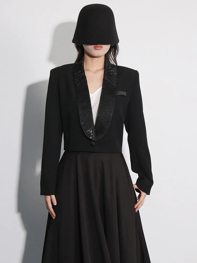 BPN Temperament Spliced Diamonds Blazers For Women Deep V Neck Long Sleeve Solid Elegant Party Blazer Female Fashion Clothes New