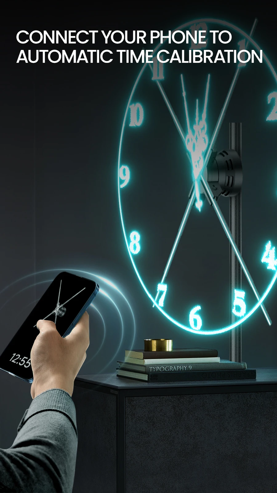 A hand holding a smartphone connects to a 3D Projector Wall Clock with glowing numbers, displaying the text “Connect your phone to automatic time calibration.”