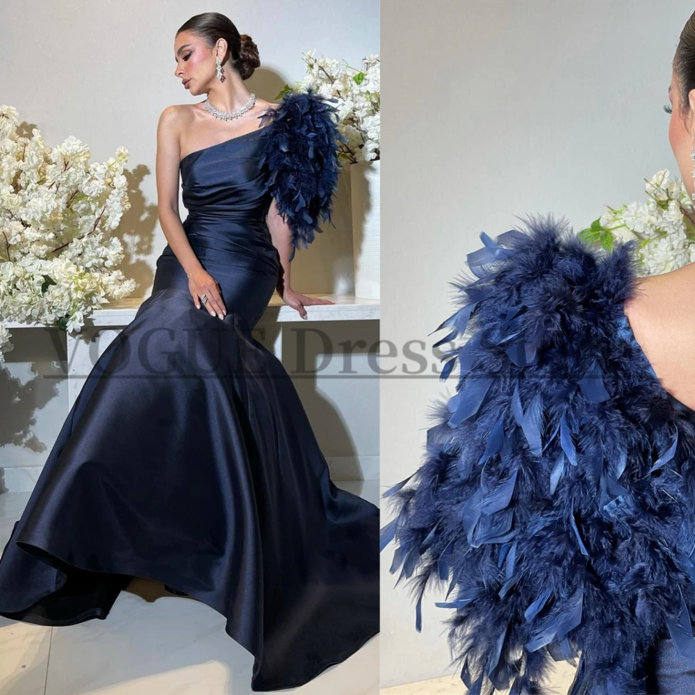 

VD Classic Long Satin Prom Dresses for Wedding Guest Floor Length Navy Blue Feathers One Shoulder Formal Dress Tight vestidos