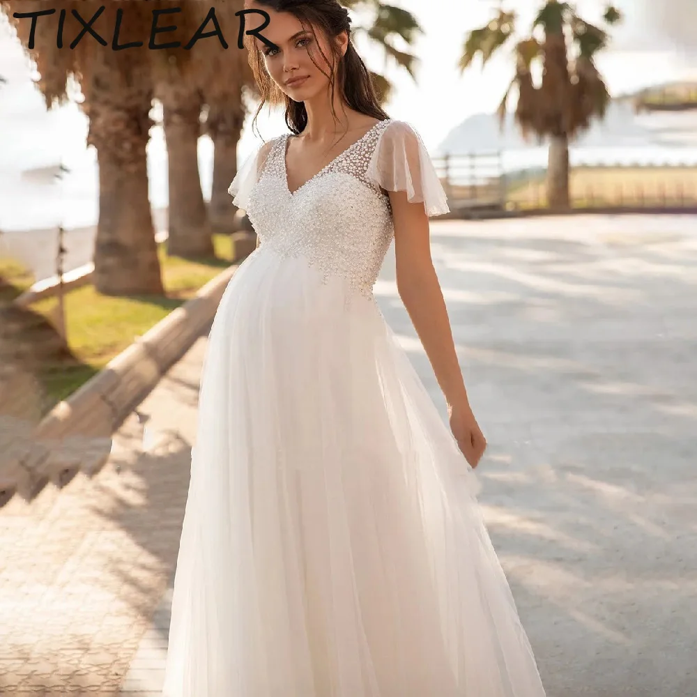 

TIXLEAR A-line Wedding Dresses for Women BOHO Pregnant V-Neck V-Back Covered Button Beading Lace Vestidos De Novia váy cưới