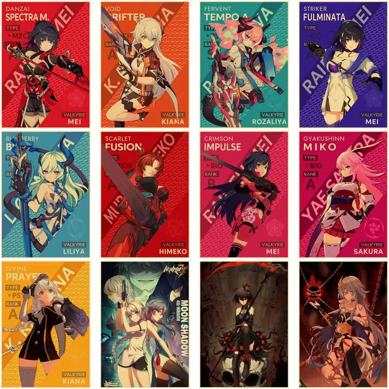 

Pop Game Honkai Impact Poster Anime Character Vintage Painting Retro Kraft Paper Wall Art Home Aesthetic Kawaii Room Decor