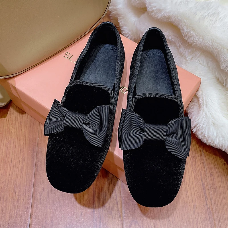 

Cow Suede Casual Flats Round Toe Spring/autumn 2024 Hot Sale Ladies Shoes Solid Slip-on Butterfly-knot Sweet Flats Sapatos Rasos