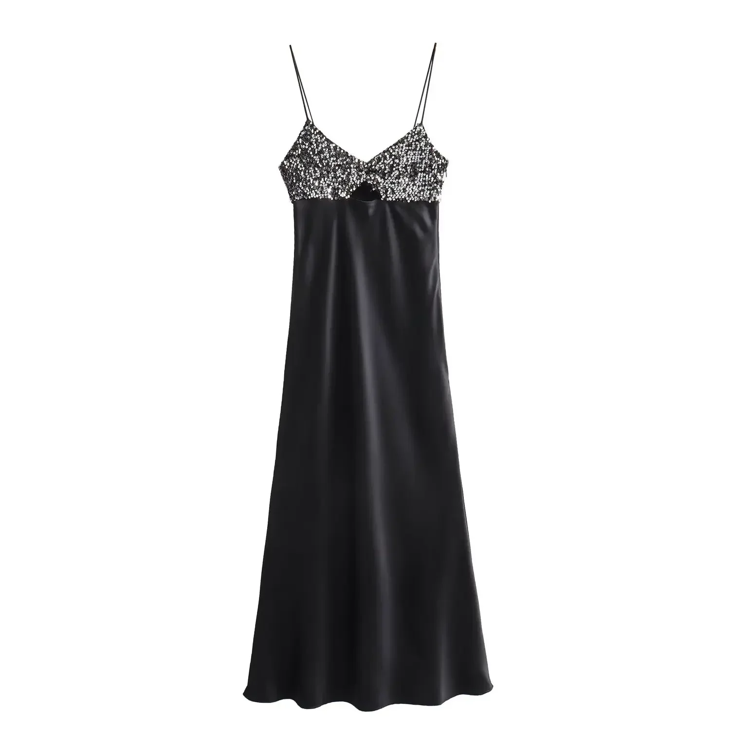 

Women New Chic Fashion Bead decoration Spliced Underwear style Midi Dress Vintage Backless Thin Straps Female Dresses robe Mujer