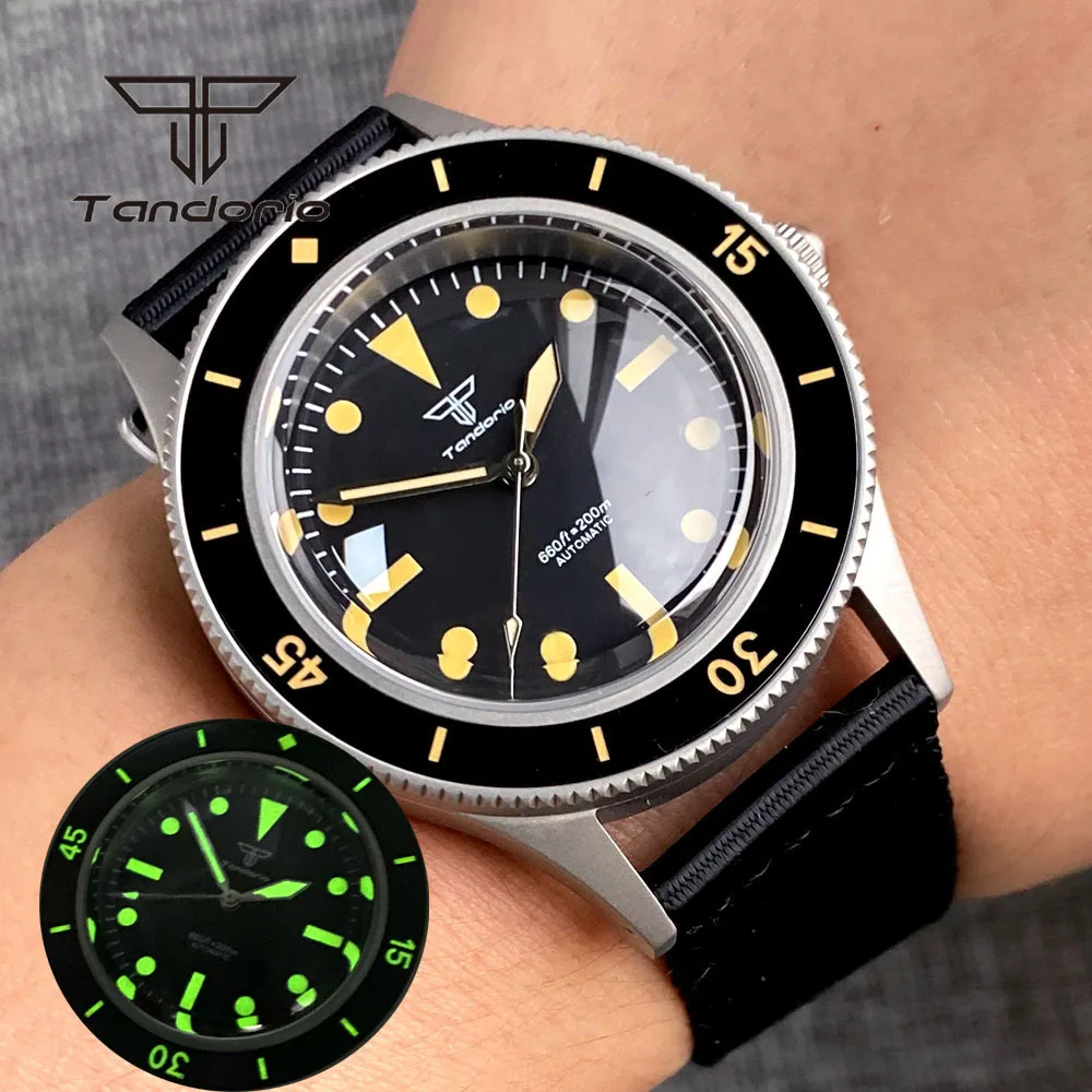 

Tandorio Domed Sapphire Crystal 40mm Vintage Automatic Watch for Men Luminous 120-Click Bezel NH35A PT5000 20BAR Wristwatch